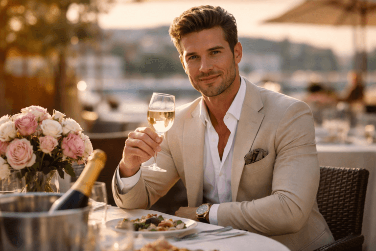 Homem em jantar elegante ao entardecer